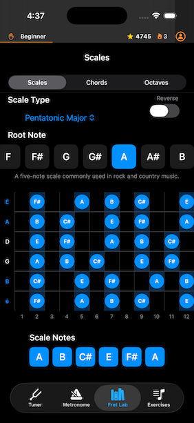 Fret Lab scale visualization showing note patterns across the fretboard