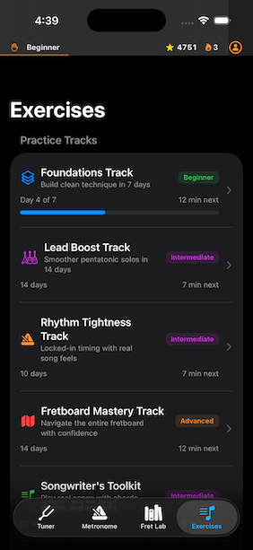 Exercises Track view showing day-by-day progression
